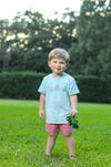 S/S Farm Embroidery Short Set - Blue w/ Red & White Stripe Short