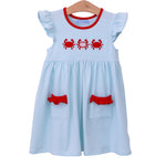 Crab Trio Flutter Dress - Blue & White Stripe