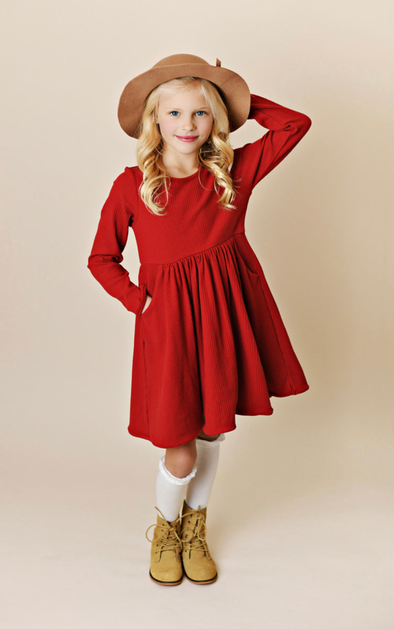 Ribbed Pocket Dress- Crimson Red