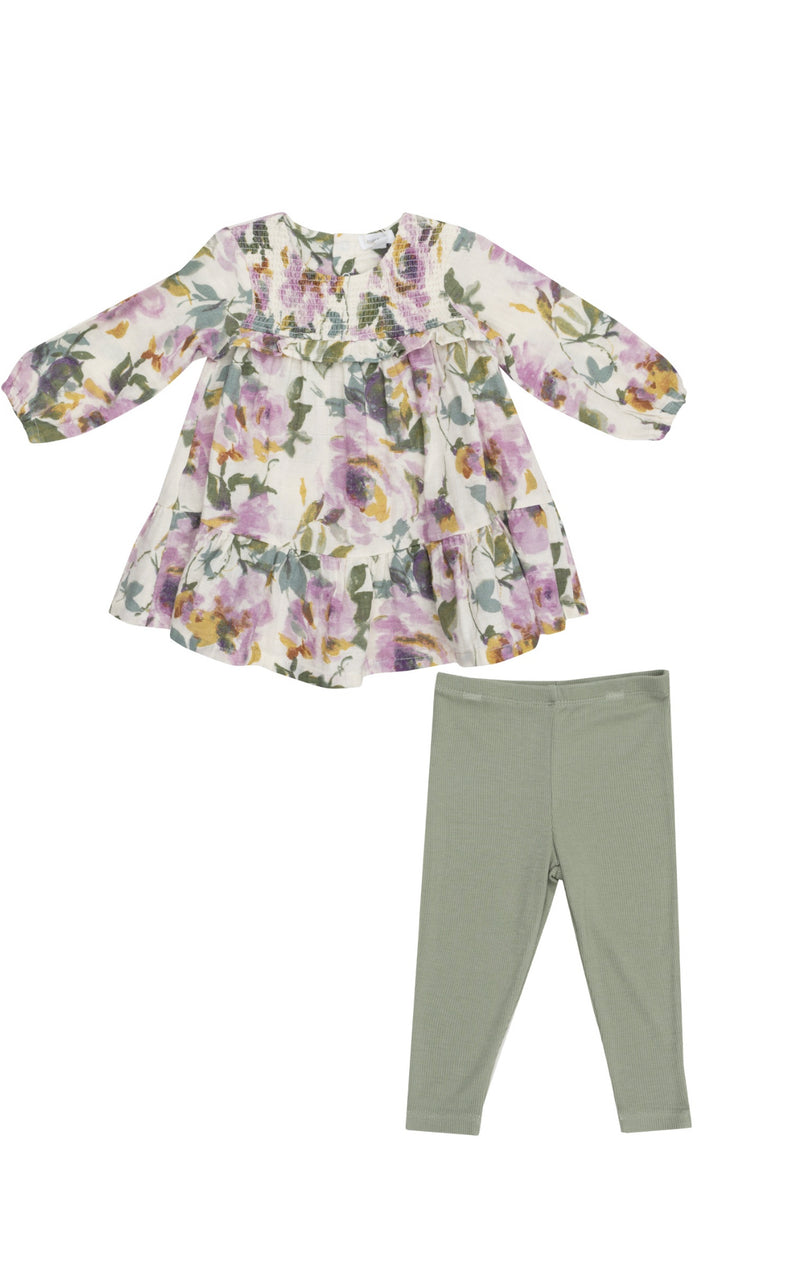 Smocked Ruffle Dress/Legging Set- Watercolor Florals