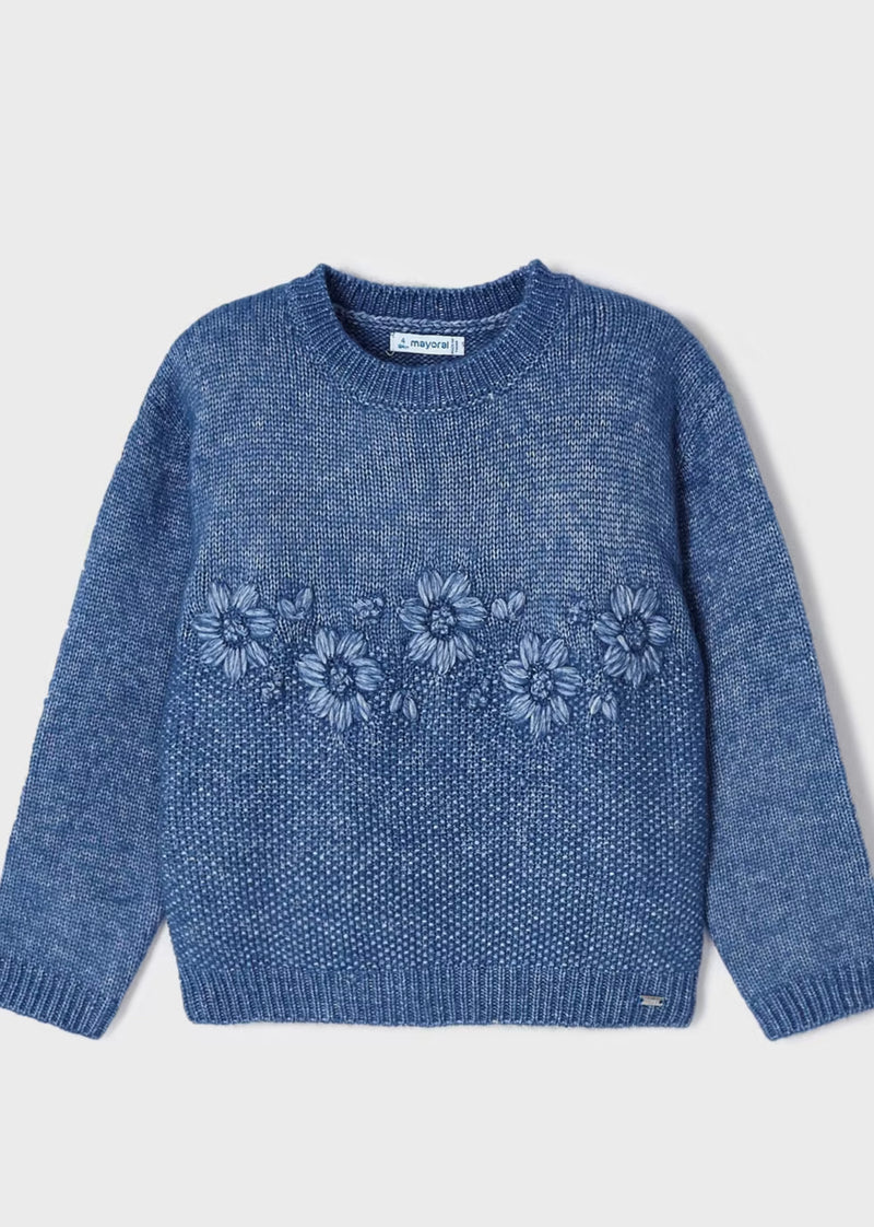Floral Embroidered Sweater- Dusty Blue