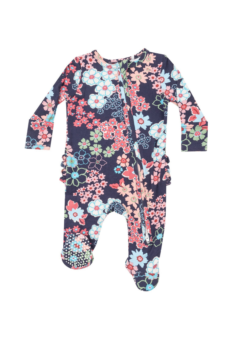 2 Way Ruffle Zipper Footie- Japonisme Blossom Floral