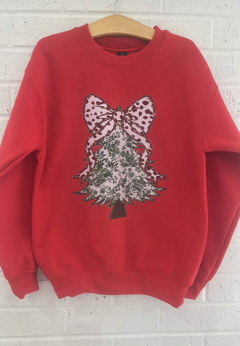 Christmas Tree Bow Crewneck- Red