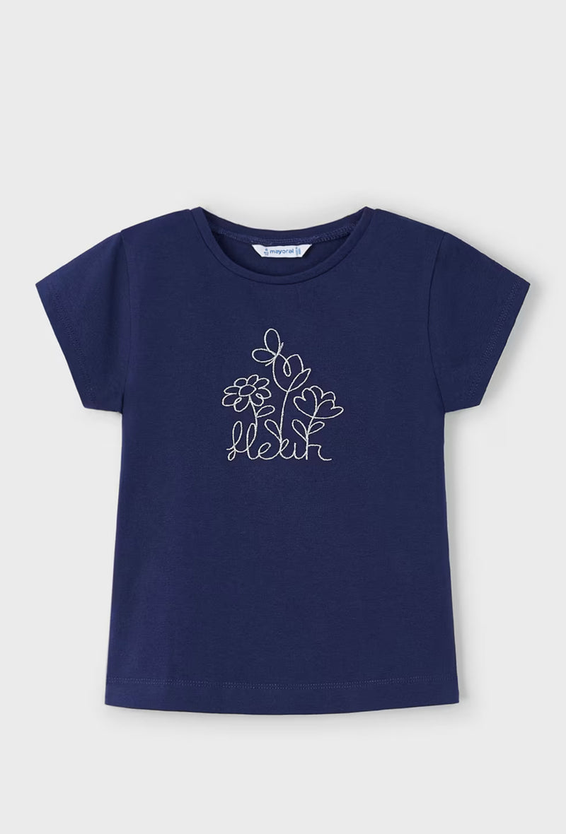 Floral Embroidered Tee- Navy