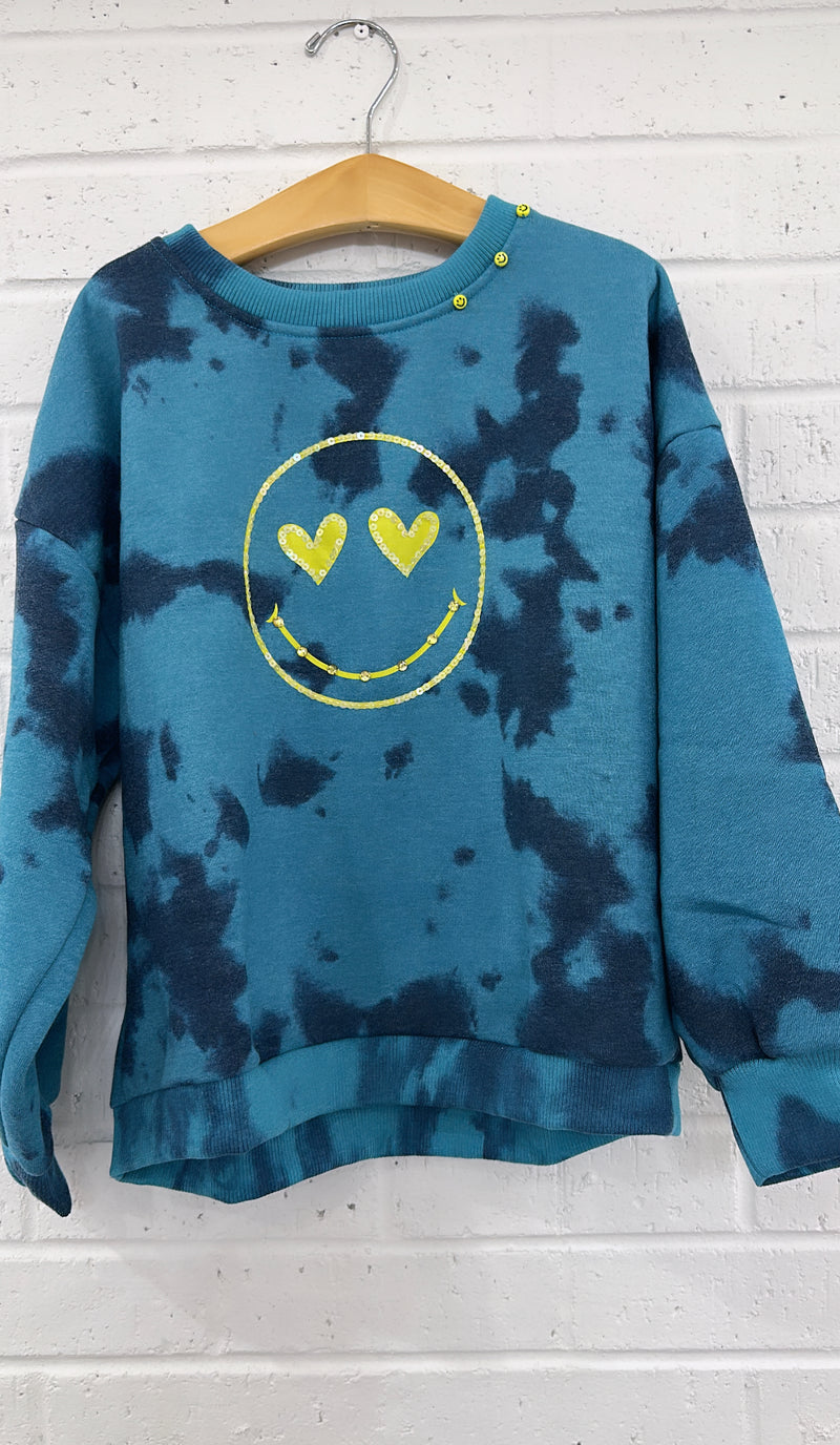 Happy Face Sweatshirt- Navy Tie Dye