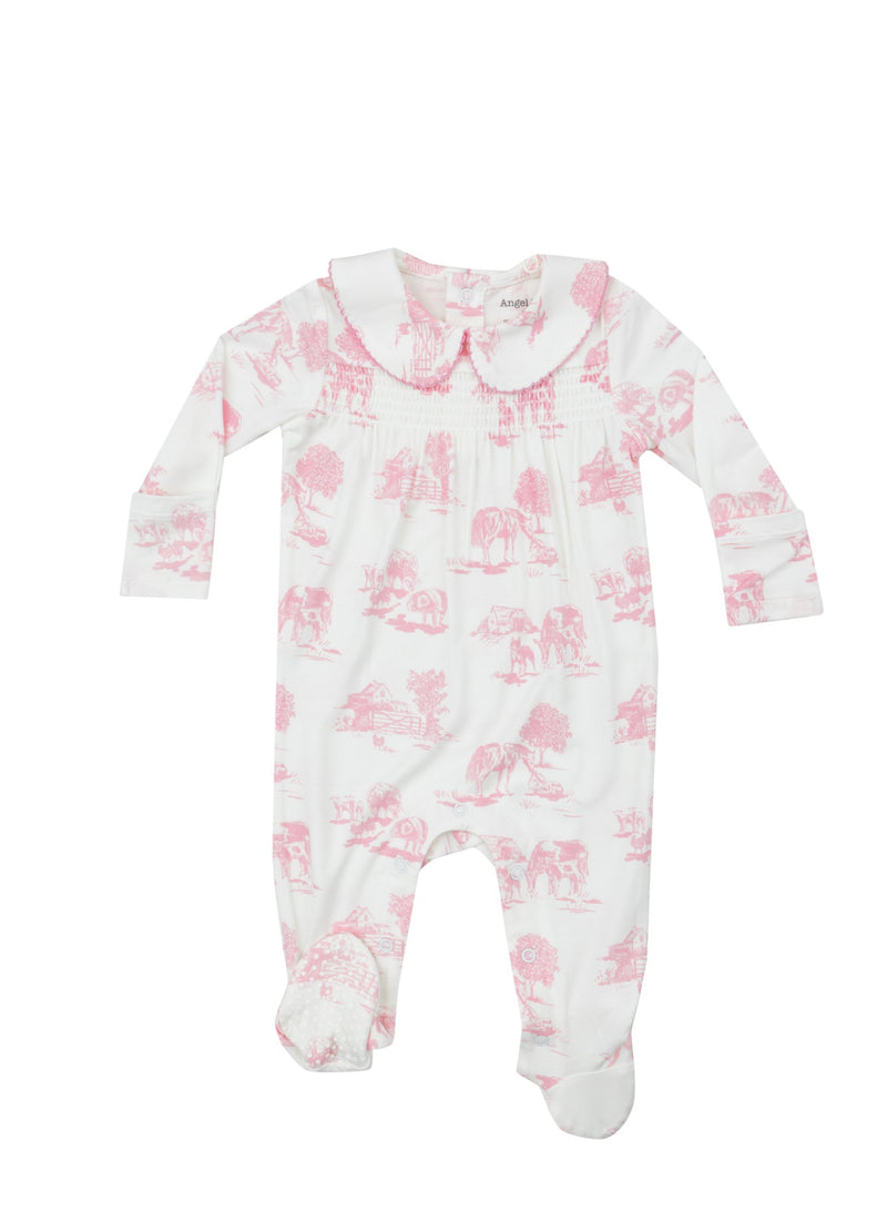 Smocked Peter Pan Footie- Farm Toile Pink