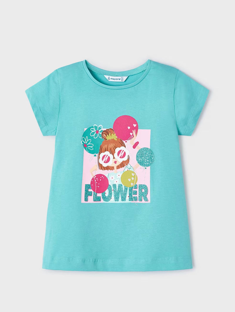 Flower Girl Printed Tee- Turquoise