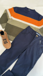 Colorblock Sweater- Olive/Navy/Orange