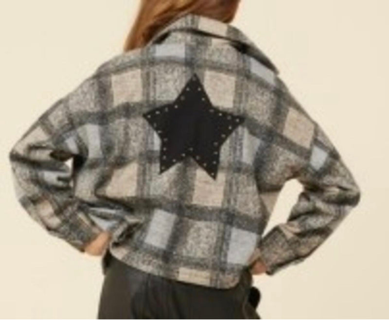 Plaid Shacket w/ Star Applique - Winter Frost Plaid