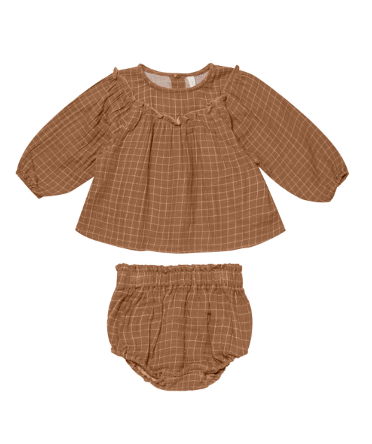 Balloon Sleeve Blouse & Bloomer Set - Cinnamon Grid