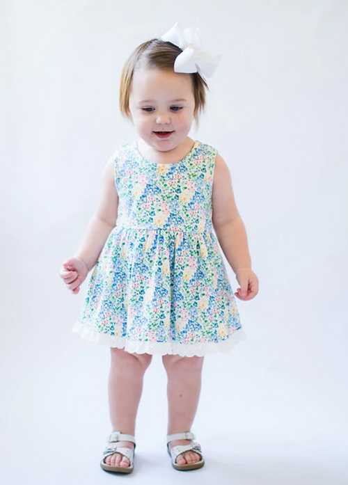 Sleeveless Bubble Dress with Eyelet Trim - Blue Watercolor Garden