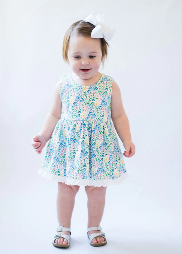 Sleeveless Bubble Dress with Eyelet Trim - Blue Watercolor Garden