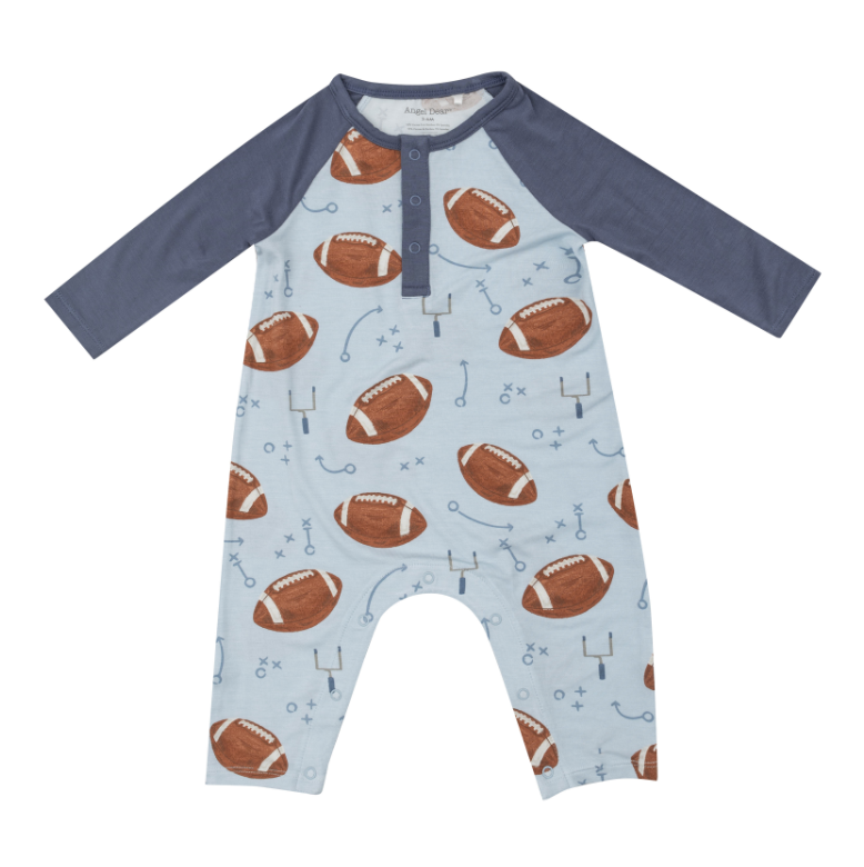 L/S Raglan Henley Romper - Footballs Blue