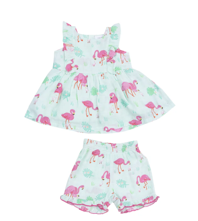 Square Neck Ruffle Tank & Short Set - Flamingos