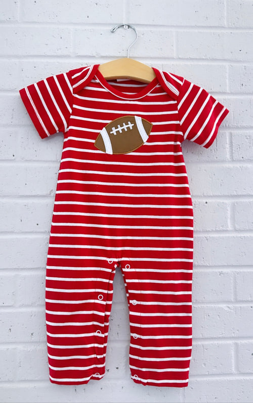 Boys Football Applique Romper- Red/White Stripe