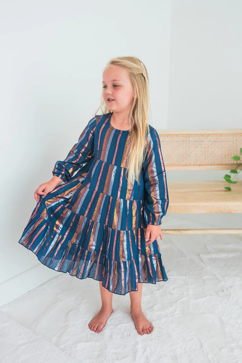 Long Sleeve Tiered Dress/Bloomer Set - Navy/Metallic Stripe
