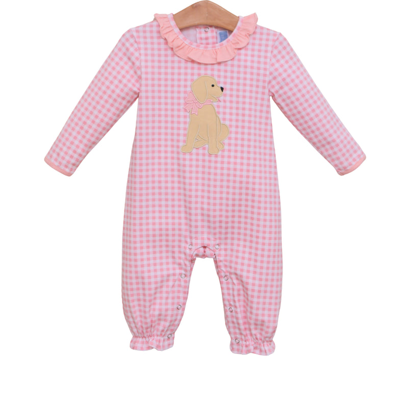 Ruffle Applique  Puppy Romper- Pink Gingham