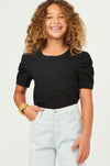 S/S Ribbed Pleated Shoulder Puff Sleeve Top - Black