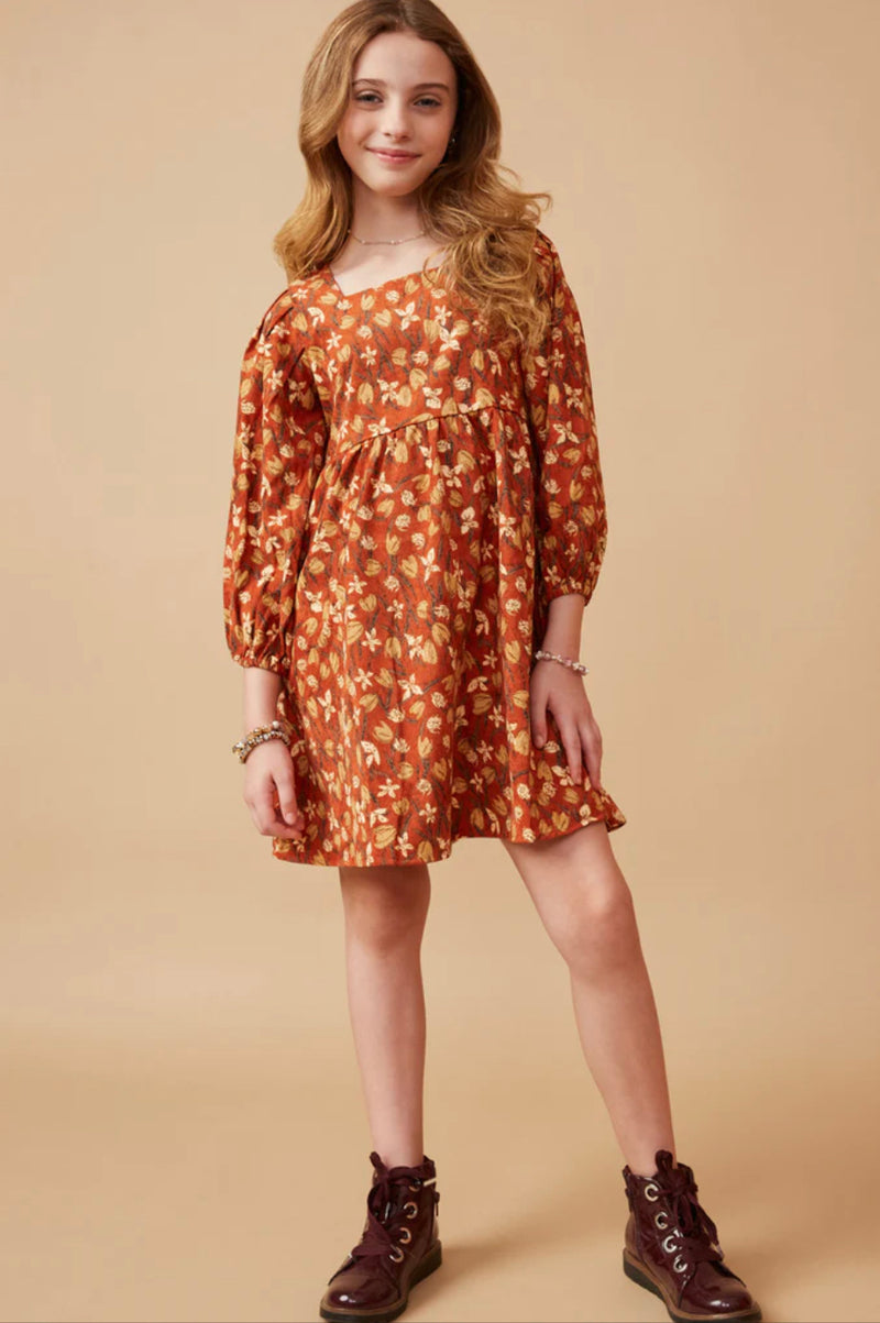 Floral Corduroy Pleated Sleeve Dress - Rust