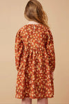 Floral Corduroy Pleated Sleeve Dress - Rust