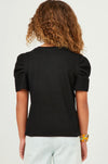 S/S Ribbed Pleated Shoulder Puff Sleeve Top - Black