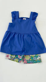 Flutter Sleeve Empire Tunic Top & Floral Short Set - Royal Blue
