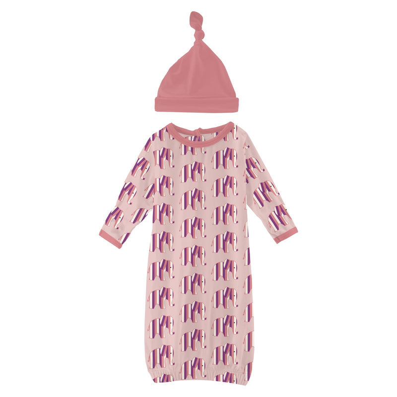 Gown/Hat Set- Baby Rose Elephant Stripe